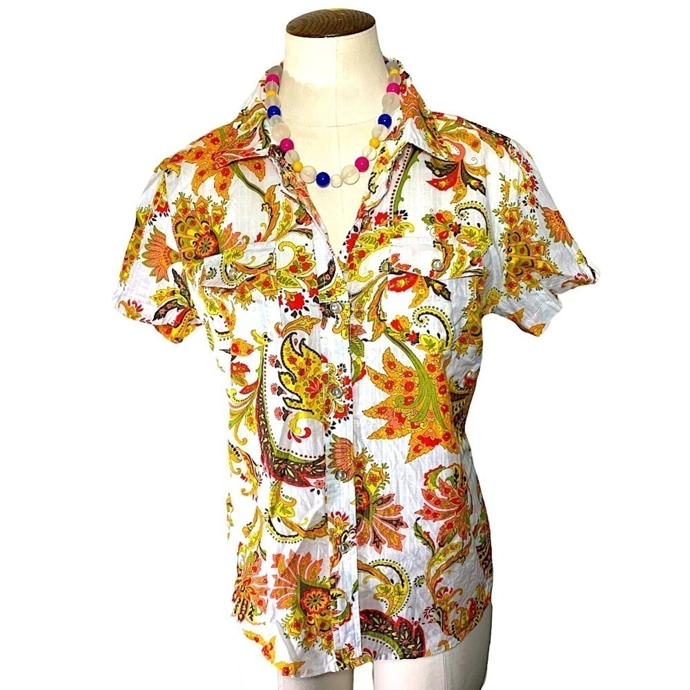 KAREN Scott Colorful 100% Cotton Floral Paisley Shirt Earth Tones Sz M